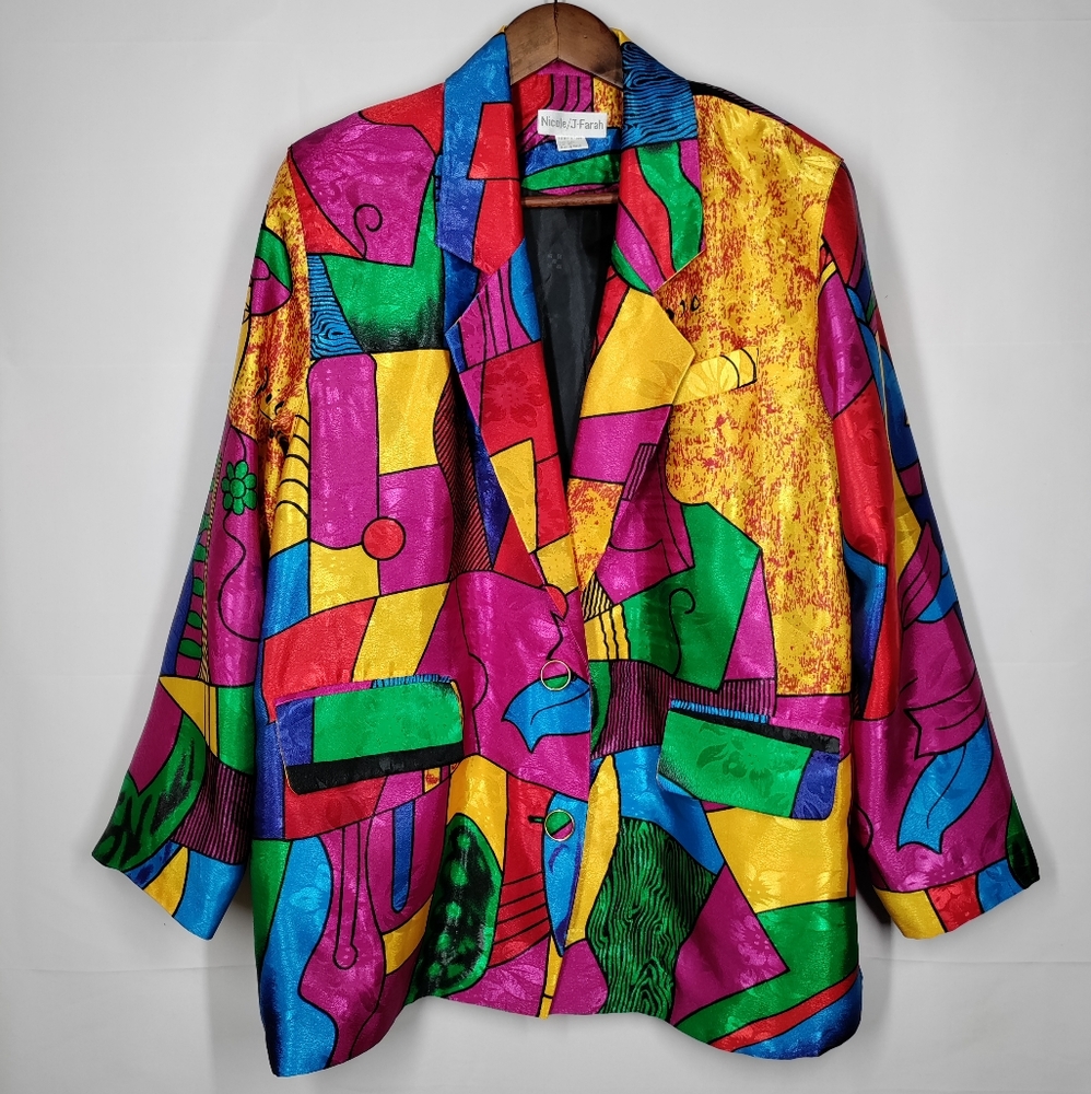 NICOLE FARHI Vibrant Multicolor Abstract Blazer with Yellow Base